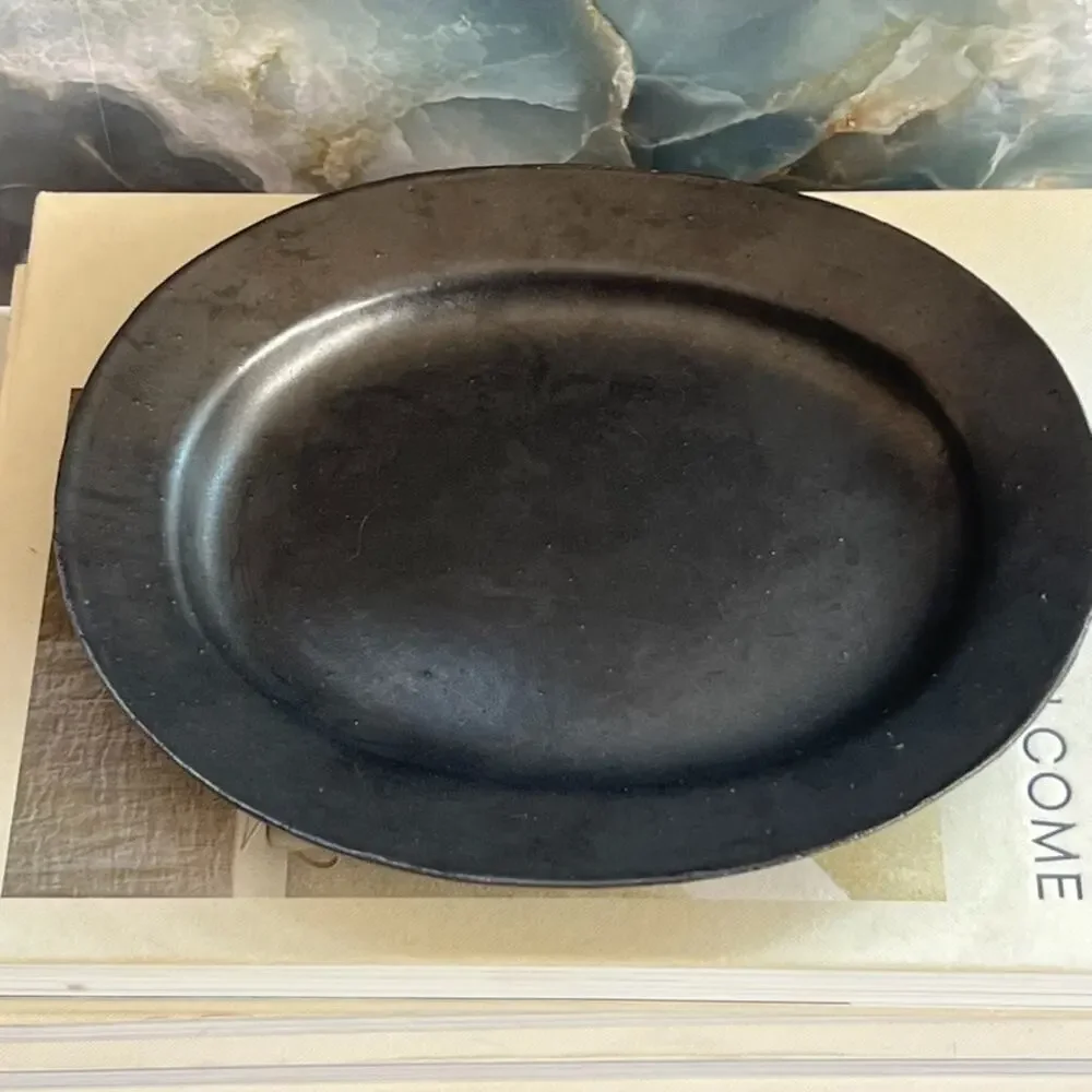 Black Clay Trinket Dish Tray Plate With Raised Edges 8.5 in Unique Marked